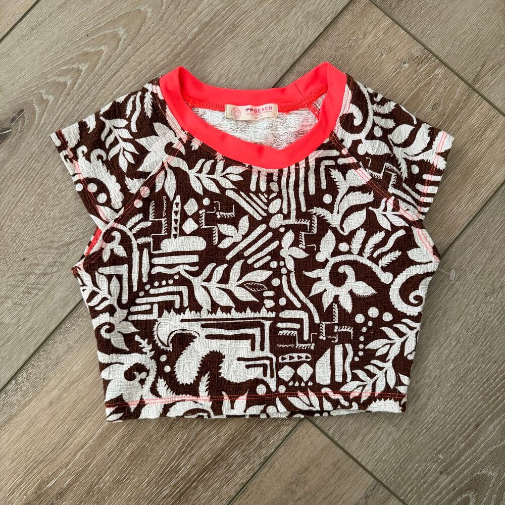 NWOT Free People Beach Stretch Crop Top T Shirt in Boho Abstract Brown Size XS